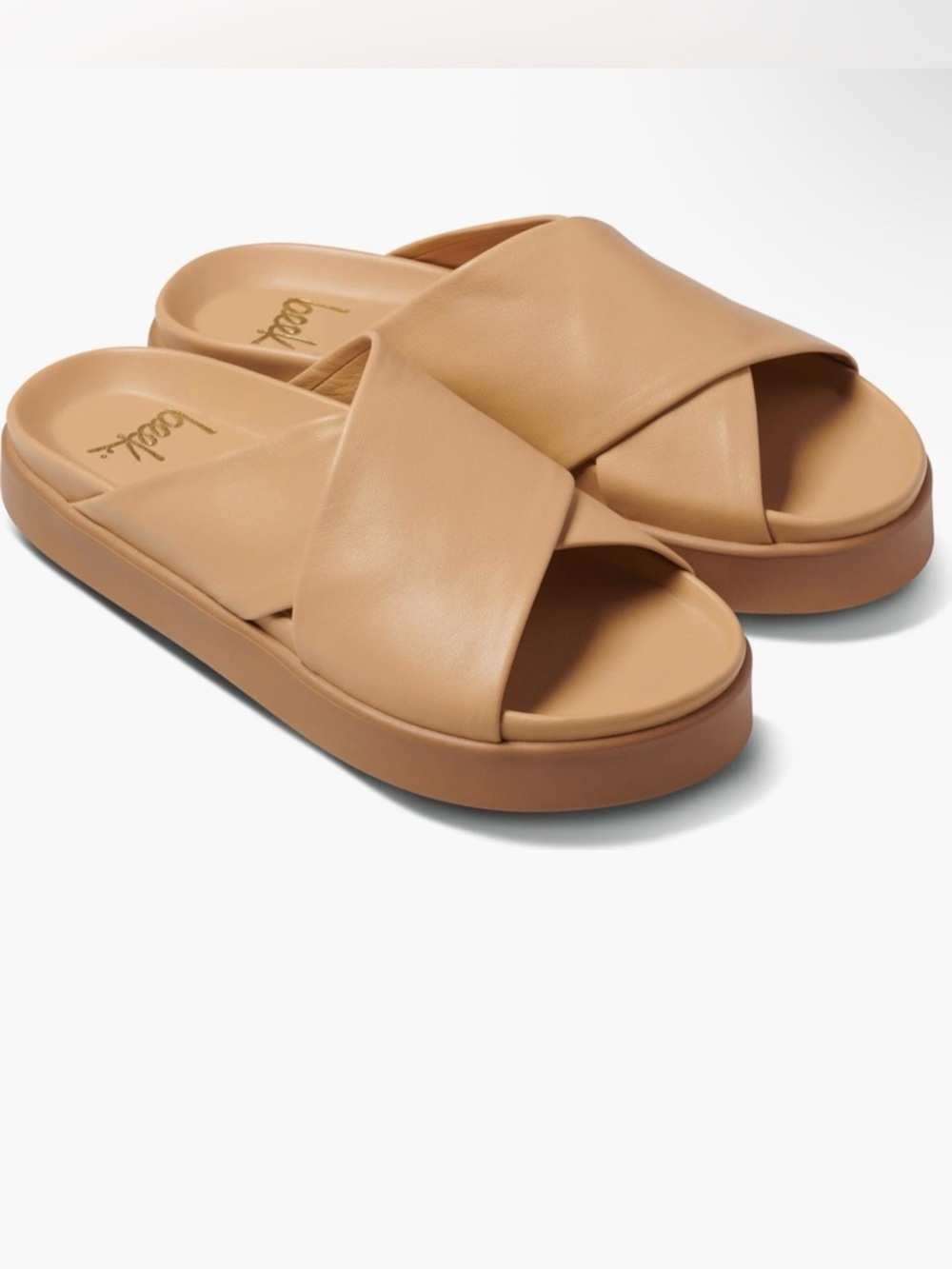 Beek Hen Neutral Tan Cross-Strap Slide Sandals leather platform slip ons 9 NEW